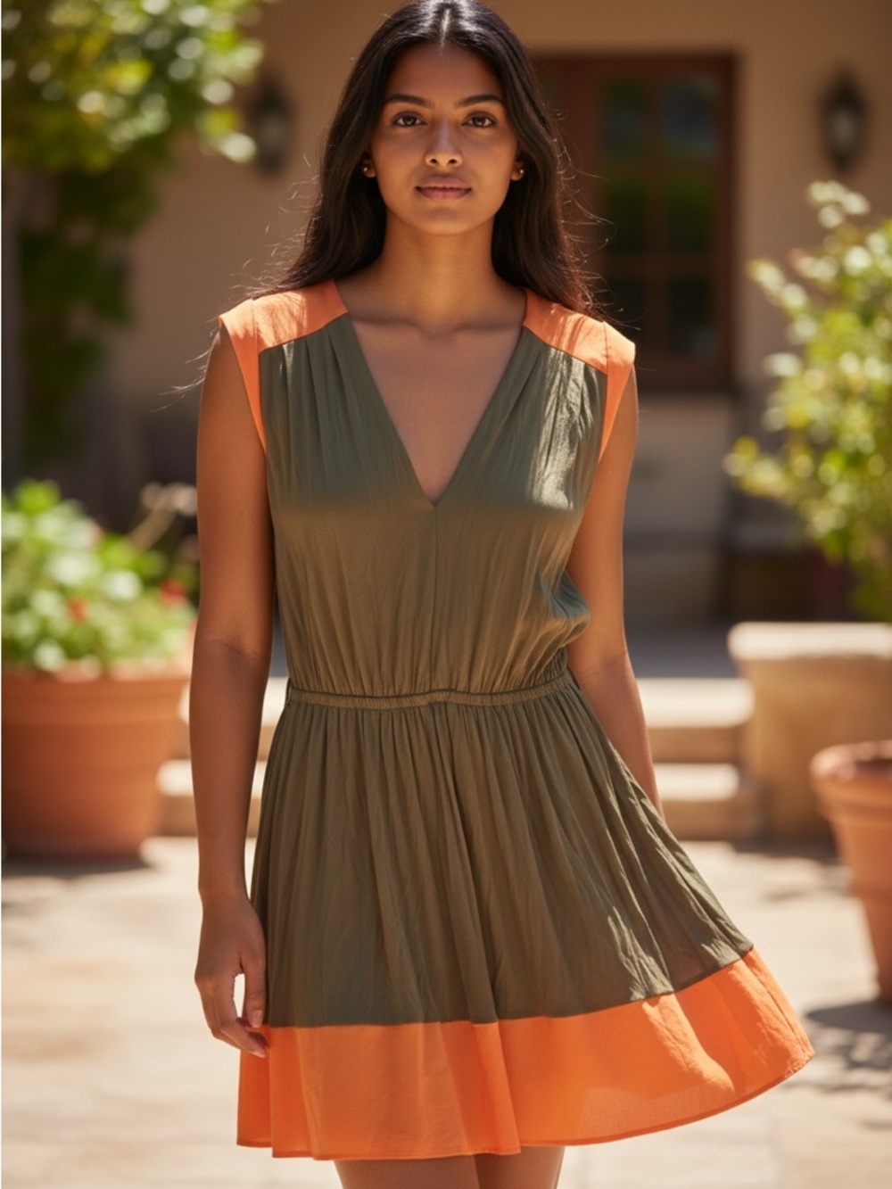 Olive Green & Orange V-Neck Sleeveless Sundress